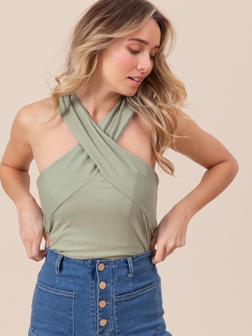 BiBi Rib Knit Cross Neck Banded Top - Picture 2 of 3